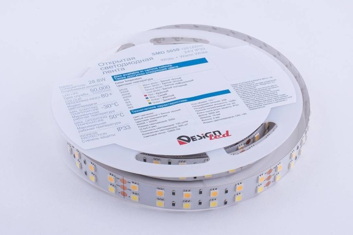 Светодиодная влагозащищенная лента DesignLed 28,8W/m 120LED/m 5050SMD разноцветный/теплый белый 5M 001134