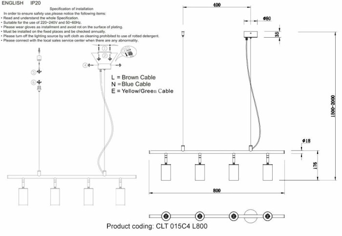 Подвесная люстра Crystal Lux CLT 015C4 L800 BL-GO