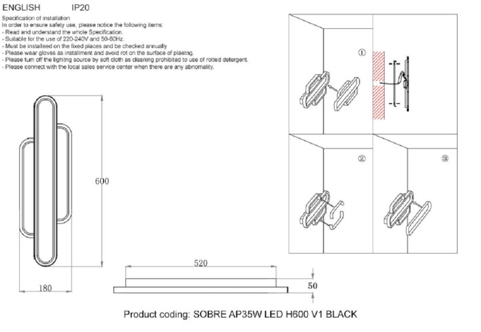 Бра Crystal Lux Sobre Ap35W Led H600 V1 Black