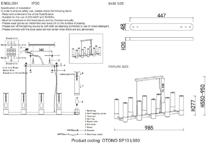 Подвесная люстра Crystal Lux OTONO SP10 L980 BLACK CHROMIUM/TRANSPARENTE